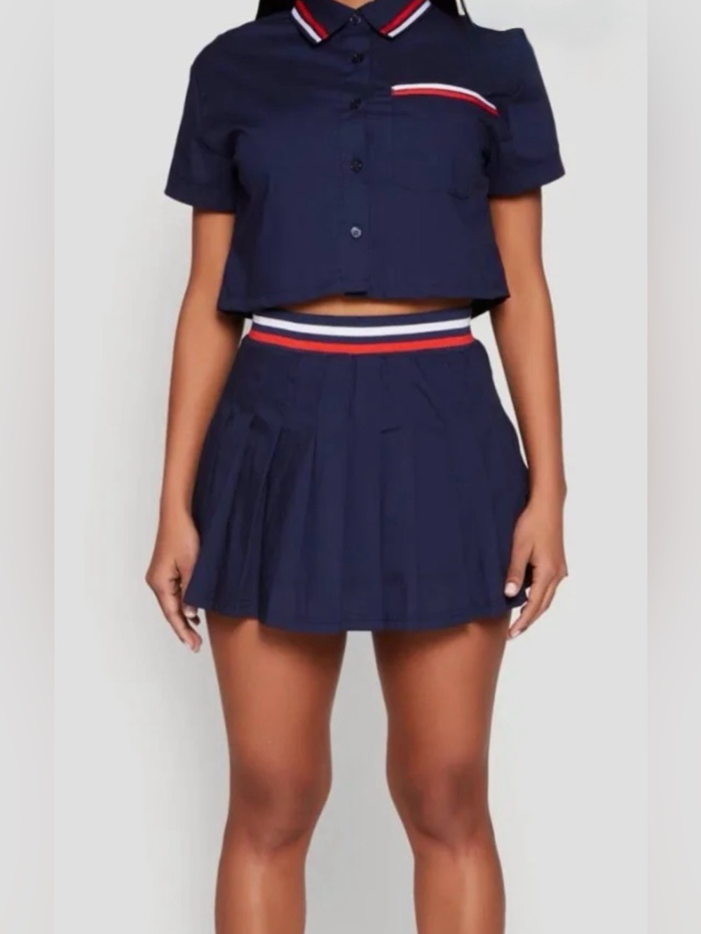 Red Pleated Mini Skirt with Blue & White Stripe